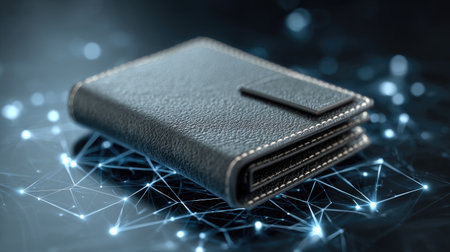 This image depicts a sleek black leather wallet against a dynamic digital background, highlighting themes of technology, finance, and modern lifestyle choices.の素材