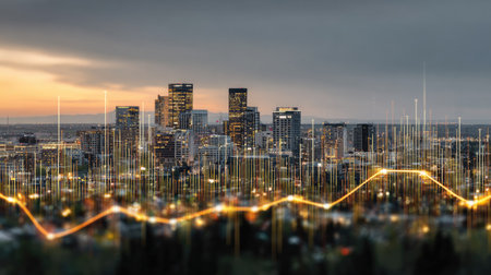 Capture the essence of a modern cityscape at dusk, showcasing vibrant urban lights, buildings, and a dynamic data visualization representing financial trends.の素材