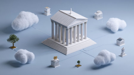 This 3D architectural model depicts a classical temple surrounded by soft clouds, symbolizing creativity and innovation. Perfect for design and inspiration projects.の素材