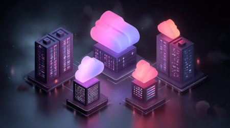 This vibrant digital illustration showcases cloud computing architecture with unique buildings and glowing cloud icons, highlighting modern technology and innovation themes.の素材