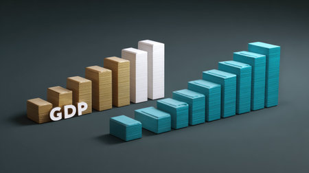 This image depicts stacked 3D blocks representing economic growth, showcasing GDP trends over time in a professional and modern style against a dark background.の素材