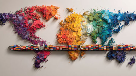 A vibrant and artistic representation of a world map created with colorful art supplies and containers, symbolizing global trade and connectivity in a modern style.の素材