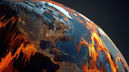 This captivating abstract image portrays a stylized Earth with fiery textures and digital patterns, symbolizing global connections and environmental transformations.の素材