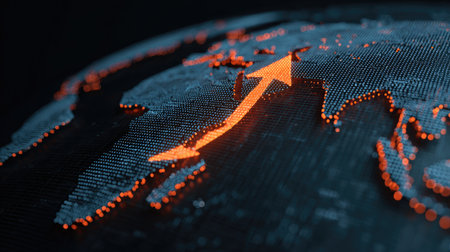 A digital visualization of the world map featuring a glowing orange arrow symbolizing growth and progress in data analytics and economic trends globally.の素材