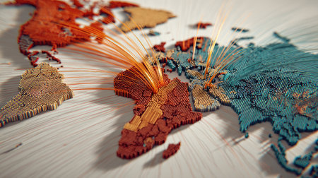 This vibrant 3D design of a world map illustrates connections and data flow across continents, emphasizing global interactions and modern technological trends.の素材