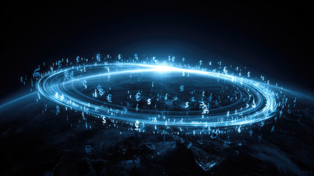 This illustration depicts a futuristic digital currency concept with glowing symbols circling a planet, capturing the essence of modern finance and technology in space.の素材