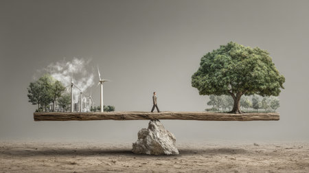 A thought-provoking image showing a man walking on a balance beam between a vibrant tree and an industrial skyline, representing the clashing themes of nature and development.の素材