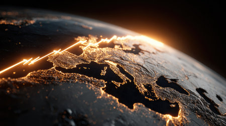 This captivating image portrays Earth at night, focusing on illuminated cities in Europe. Glowing lines create a striking visual representation of connections and networks.の素材