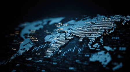 A captivating digital representation of a world map in blue tones, embodying modern technology and data visualization, ideal for global connectivity themes.の素材