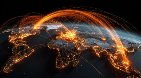 This striking image illustrates the concept of global connectivity, showcasing bright lines over a map of the world, symbolizing data flow and communication pathways.の素材