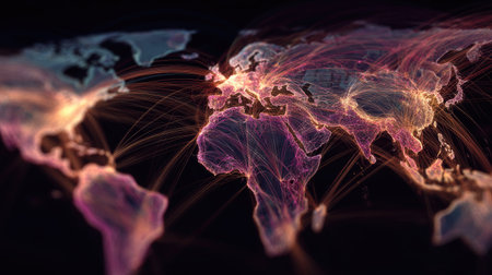 This vibrant abstract visualization showcases the global network of connections, featuring colorful streams of data flow representing digital connectivity across continents.の素材