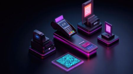 Explore a digital payment landscape featuring sleek devices illuminated with neon accents. Perfect for illustrating modern transaction methods and innovative technology.の素材