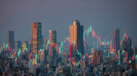 This image presents a stunning city skyline at dusk overlaid with vivid financial trading charts, symbolizing the intersection of urban lifestyle and modern finance.の素材