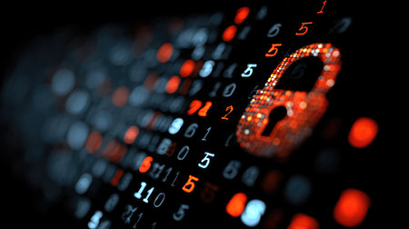 This image features an abstract representation of a digital lock symbol overlaid on numeric code, emphasizing concepts of security and data protection in technology.の素材