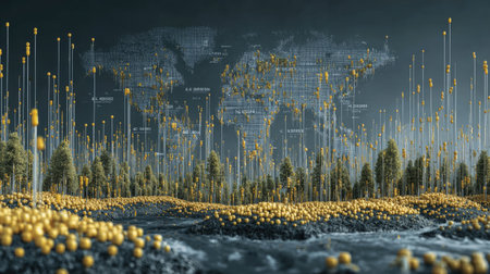 A captivating digital artwork showcasing a futuristic landscape filled with yellow spheres and an abstract world map, symbolizing the intersection of data and nature.の素材