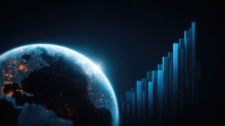 A stunning visualization features the Earth surrounded by a rising graph, symbolizing economic growth and innovation in a digital and futuristic context.の素材