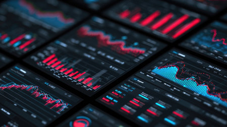 This image showcases a vivid arrangement of financial data visualizations, featuring intricate charts and graphs that provide insights into market trends and performance metrics.の素材