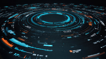 This dynamic abstract image showcases a vibrant circular data visualization, emphasizing network connectivity and information flow in modern digital technology. Perfect for tech projects.の素材