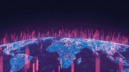 This stunning visualization captures a digital representation of Earth, showcasing a vibrant network of technology, connectivity, and data flow in neon colors.の素材