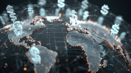This visually striking image features a global map with digital dollar symbols, illustrating financial networks and showcasing the interconnectedness of the modern economy.の素材