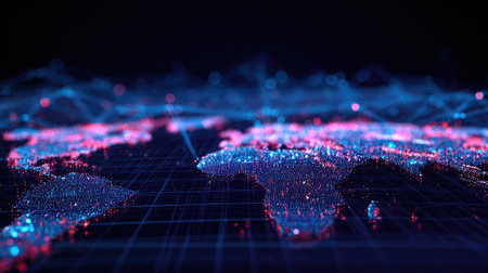 Explore a vibrant digital representation of the world, showcasing neon lights and data points, emphasizing technology, innovation, and global connectivity in modern visuals.の素材