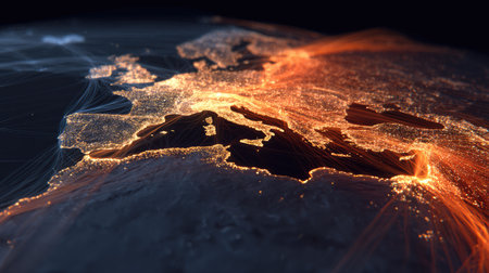 A breathtaking aerial representation of Europe at night, showcasing bright city lights and intricate network connections that illustrate modern connectivity and urban life.の素材