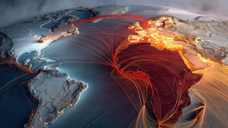 A stunning visualization of a global map with colorful data connection lines connecting continents, symbolizing trade, communication, and global interaction.の素材