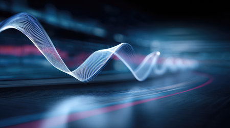 This image showcases an abstract digital wave design featuring glowing lines and smooth curves, perfect for backgrounds in technology, art, and science projects.の素材