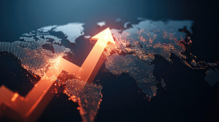 A visually striking representation of global business growth with a rising graph overlaying a world map. This image captures the essence of economic expansion and digital transformation.の素材