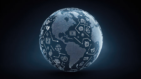 A captivating digital globe illustration featuring various global icons representing technology, business, and connectivity against a dark backdrop. Perfect for tech-themed projects.の素材