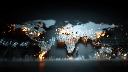 This image features a glowing digital world map on a dark background, representing global connectivity, technology, and data analysis for modern applications.の素材