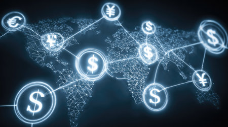 A vibrant digital representation of global financial transactions, showcasing currency symbols and a network connecting economies in a modern, tech-driven world.の素材