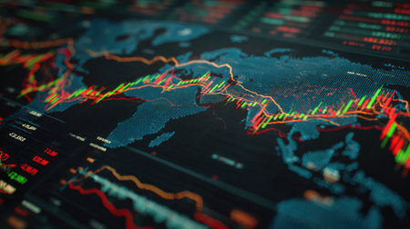 Explore an abstract visualization of financial data showcasing colorful charts and graphs over a digital world map, ideal for themes of finance and technology.の素材