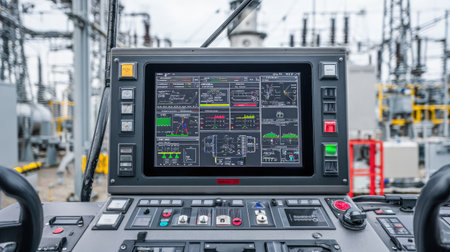 Detailed control panel of a modern power distribution station showcases real-time analytics, enhancing operational efficiency and monitoring of electrical systems.の素材
