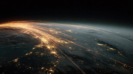 A stunning view of Europe from the perspective of space, showcasing bright light trails that symbolize connectivity and global communication during night time.の素材