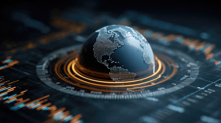 A captivating digital representation of the globe featuring a modern interface, glowing data lines, and intricate map patterns, symbolizing global connectivity and innovation.の素材