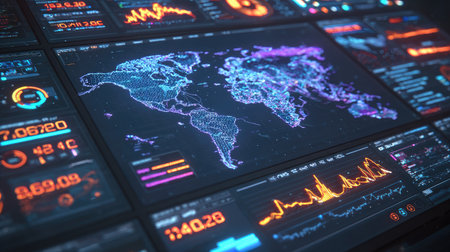 A dynamic and colorful digital world map displayed on a futuristic dashboard, featuring various infographics and data visualizations for comprehensive analysis and monitoring.の素材