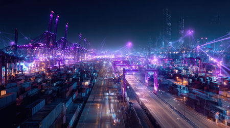 A captivating night view of an industrial port featuring cranes and containers, illuminated by vibrant neon lights against a dynamic city skyline, showcasing urban energy.の素材