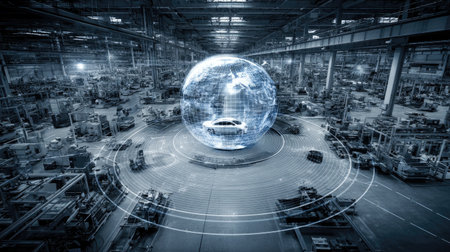 This image showcases a futuristic industrial environment featuring a holographic globe and an automated vehicle, symbolizing advanced manufacturing and technology integration.の素材