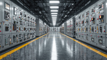 The image showcases a modern industrial control room featuring numerous panels and controls along the walls, with reflective flooring and innovative lighting.の素材