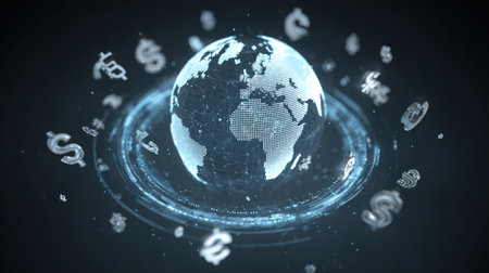 A visually striking digital globe surrounded by various currency symbols, illustrating the concept of the global economy and financial networks in the modern world.の素材