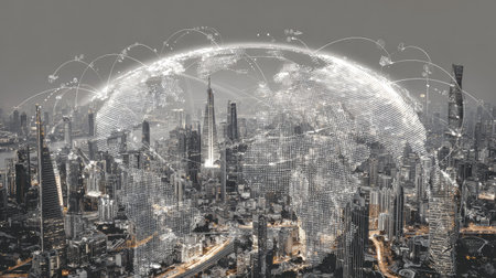 A stunning aerial view of a modern city at night, featuring a digital globe overlay and connectivity lines, representing global technology and urban sophistication.の素材