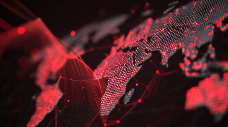 A visually striking digital representation of a world map featuring red dots and lines against a dark background, symbolizing global connectivity and technology.の素材