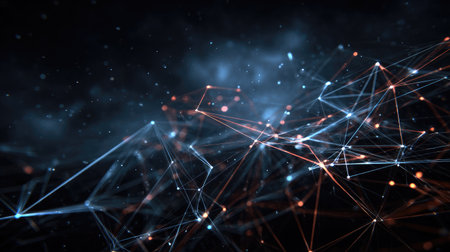 This abstract image showcases a network of glowing lines and points in a dark environment, representing high-tech connections and digital innovation in a modern aesthetic.の素材