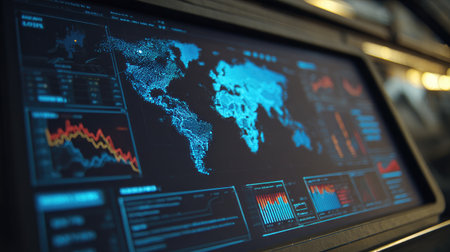 This image features a high-tech digital map displaying data visualizations and analytics, perfect for technology, business, and research-related projects.の素材
