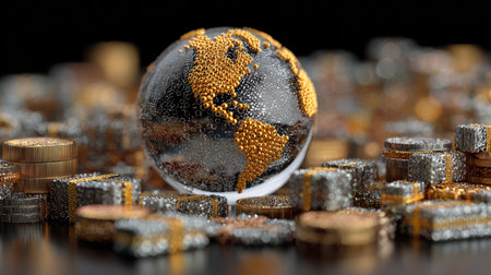A captivating glass globe adorned with tiny droplets illustrates the world, surrounded by shimmering gold and silver coins, symbolizing finance and investment themes.の素材
