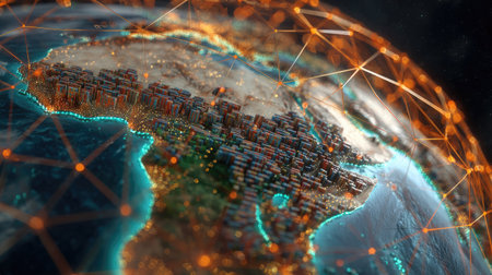 A stunning digital visualization of Africa features illuminated cities and network connectivity, representing globalization, trade, and the evolution of technology.の素材