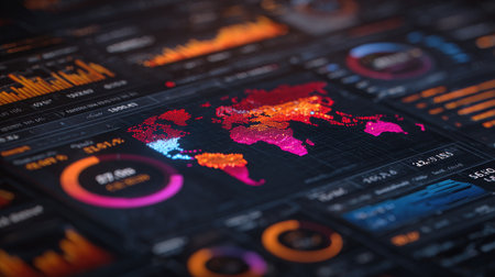 This high-tech visual features a world map adorned with vibrant data visualizations, showcasing global statistics and trends through colorful charts and designs.の素材