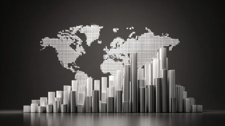 This image features a modern business graph composed of silver bars against a world map backdrop, illustrating global market trends and financial metrics in a sleek design.の素材