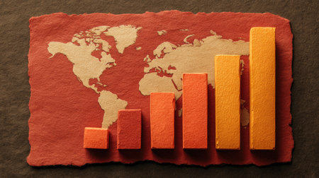 This image features vibrant bar graphs arranged over a map, symbolizing economic growth and business progress. Ideal for finance and marketing projects.の素材